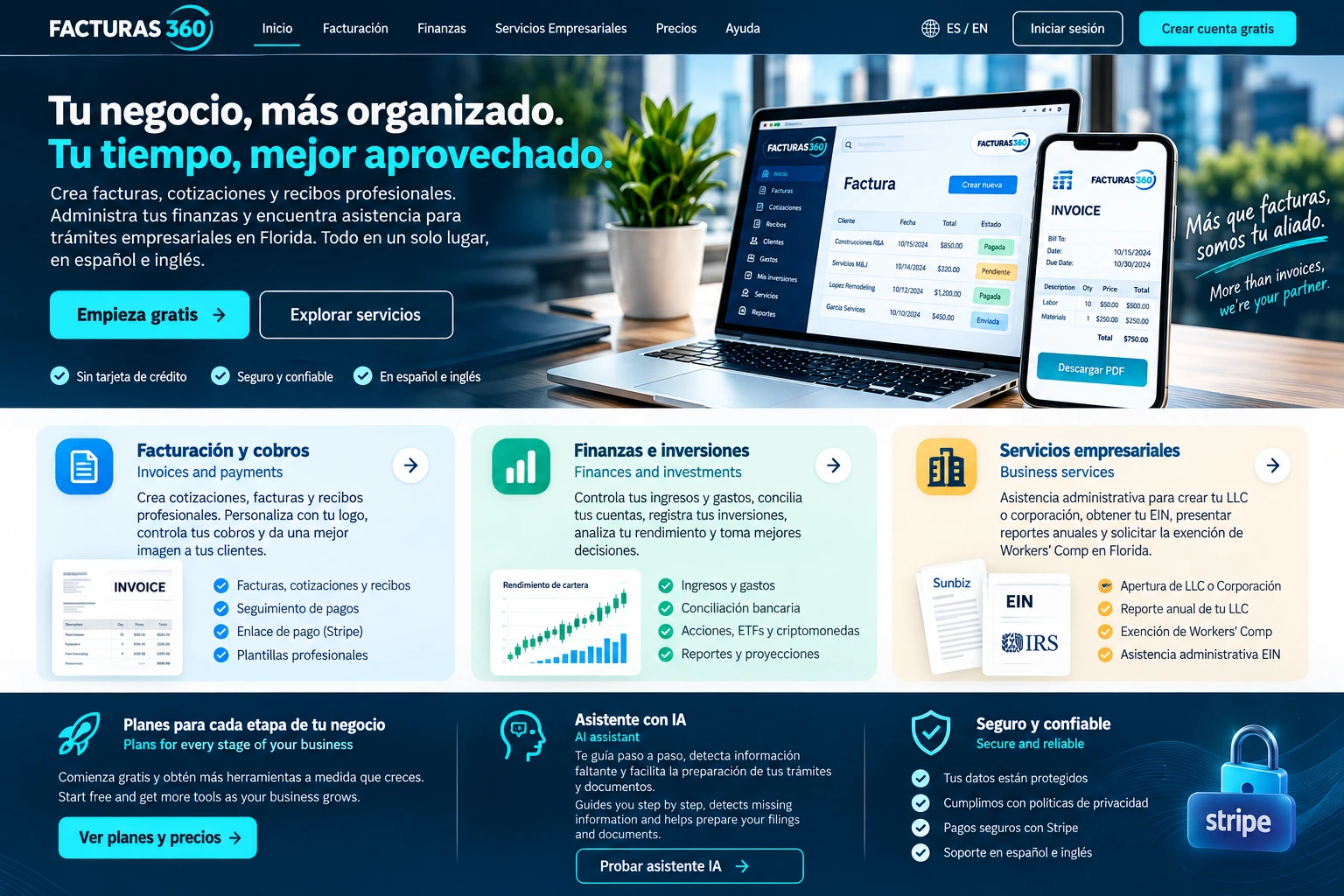 Facturas360: facturación, finanzas, servicios empresariales, planes, asistente con IA y seguridad